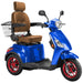 Bespoke Legacy Full Size 3-Wheel Mobility Scooter in Color Blue with Brown Seat and Red w/ Black Wheel Rims