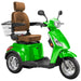 Bespoke Legacy Full Size 3-Wheel Mobility Scooter in Color Green with Brown Seat and Chrome Wheel Rims
