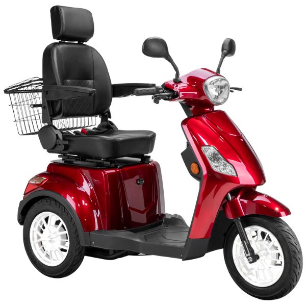Bespoke Legacy Full Size 3-Wheel Mobility Scooter in Color Red with Black Seat and White Wheel Rims 