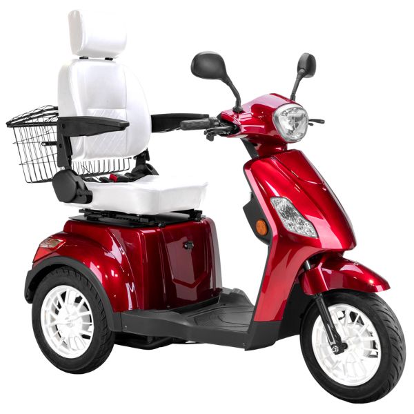 Bespoke Legacy Full Size 3-Wheel Mobility Scooter in Color Red with White Seat and White Wheel Rims 