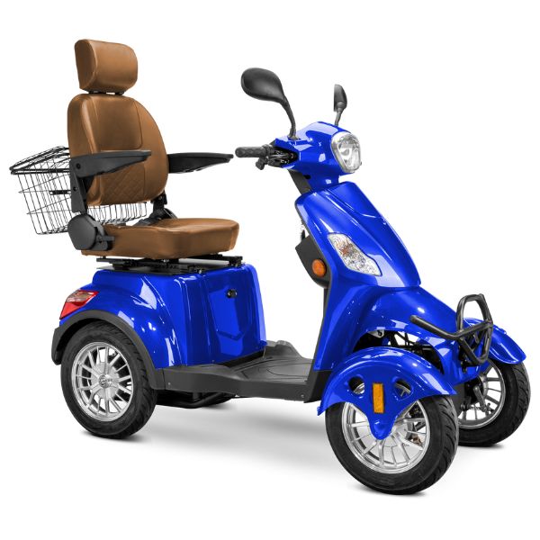 Bespoke Prestige Full Size 4-Wheel Mobility Scooterin Blue Color Brown Seat and Chrome Wheel Rims