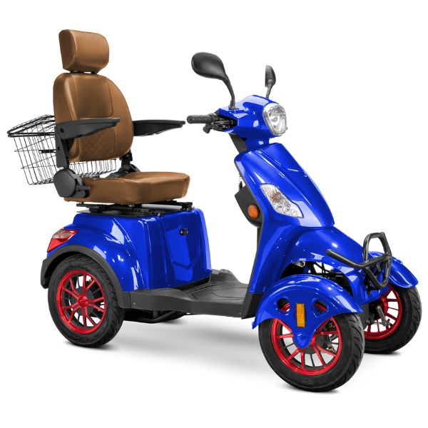 Bespoke Prestige Full Size 4-Wheel Mobility Scooterin Blue Color Brown Seat and Red Wheel Rims