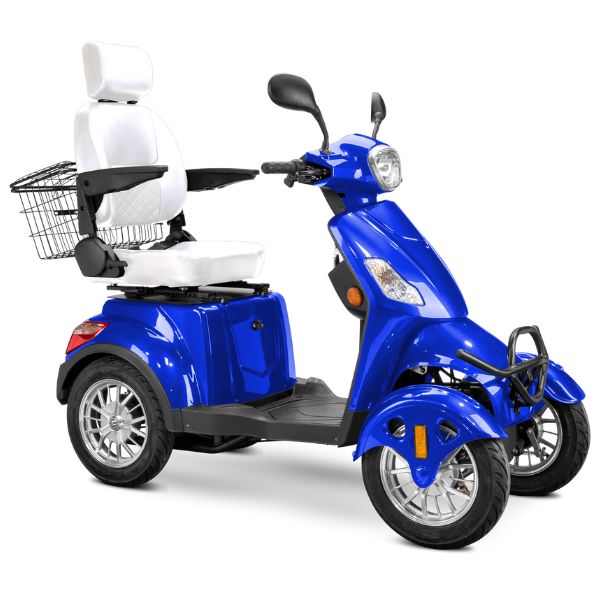 Bespoke Prestige Full Size 4-Wheel Mobility Scooterin Blue Color White Seat and Chrome Wheel Rims