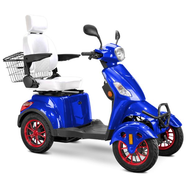 Bespoke Prestige Full Size 4-Wheel Mobility Scooterin Blue Color White Seat and Red Wheel Rims
