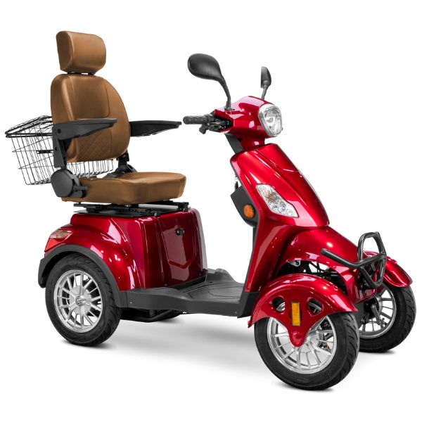 Bespoke Prestige Full Size 4-Wheel Mobility Scooterin Red Color Brown Seat and Chome Wheel Rims 