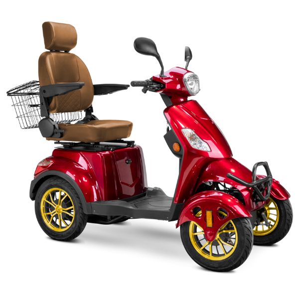 Bespoke Prestige Full Size 4-Wheel Mobility Scooterin Red Color Brown Seat and Gold Wheel Rims 