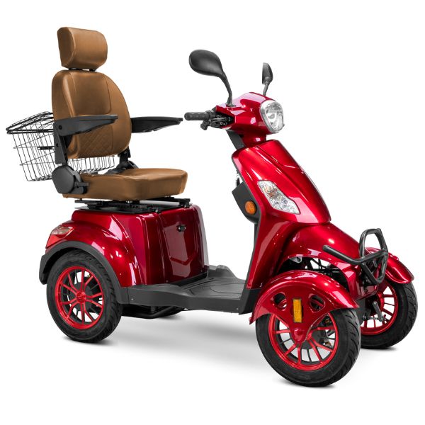 Bespoke Prestige Full Size 4-Wheel Mobility Scooterin Red Color Brown Seat and Red Wheel Rims 