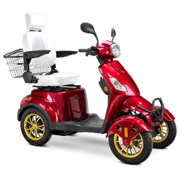 Bespoke Prestige Full Size 4-Wheel Mobility Scooterin Red Color White Seat and Gold Wheel Rims