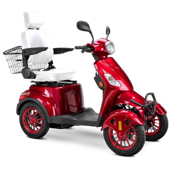 Bespoke Prestige Full Size 4-Wheel Mobility Scooterin Red Color White Seat and Red Wheel Rims