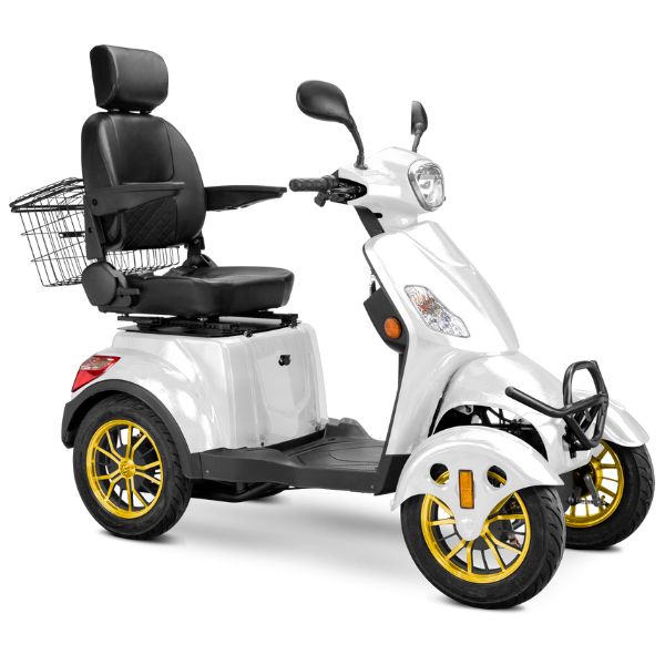 Bespoke Prestige Full Size 4-Wheel Mobility Scooterin White Color Black Seat and Gold Wheel Rims