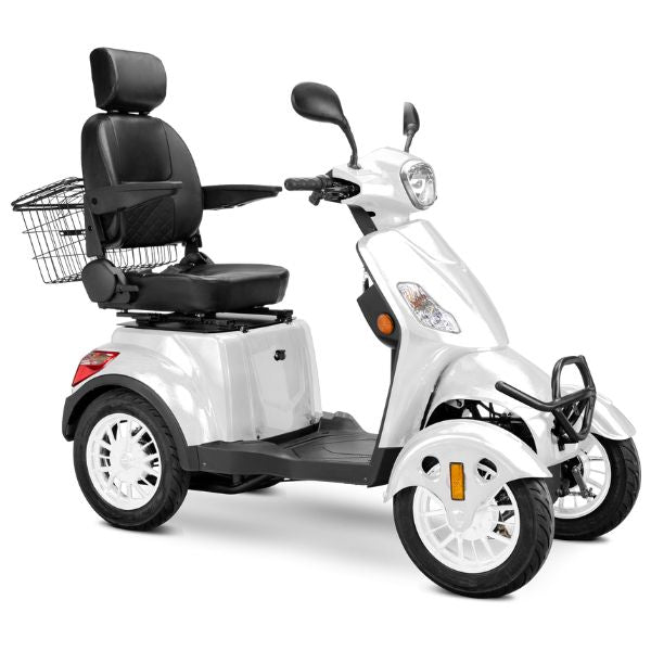 Bespoke Prestige Full Size 4-Wheel Mobility Scooterin White Color Black Seat and White Wheel Rims
