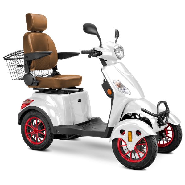 Bespoke Prestige Full Size 4-Wheel Mobility Scooterin White Color Brown Seat and Red Wheel Rims