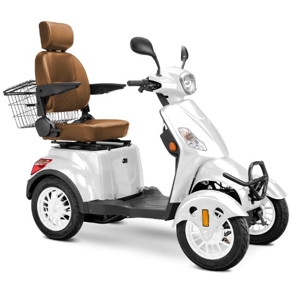 Bespoke Prestige Full Size 4-Wheel Mobility Scooterin White Color Brown Seat and White Wheel Rims 