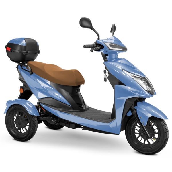 Bespoke Regal Full Size 3-Wheel Mobility Scooter in Blue Color with Brown Seat and Black Wheel Rims