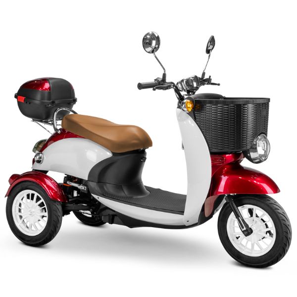 Bespoke Supreme 3-Wheel Mobility Scooter in Red & White Color with Brown Seat and White Wheel Rims