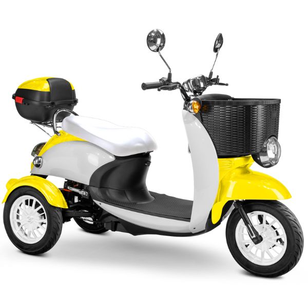 Bespoke Supreme 3-Wheel Mobility Scooter in Yellow & White Color with White Seat and White Wheel Rims