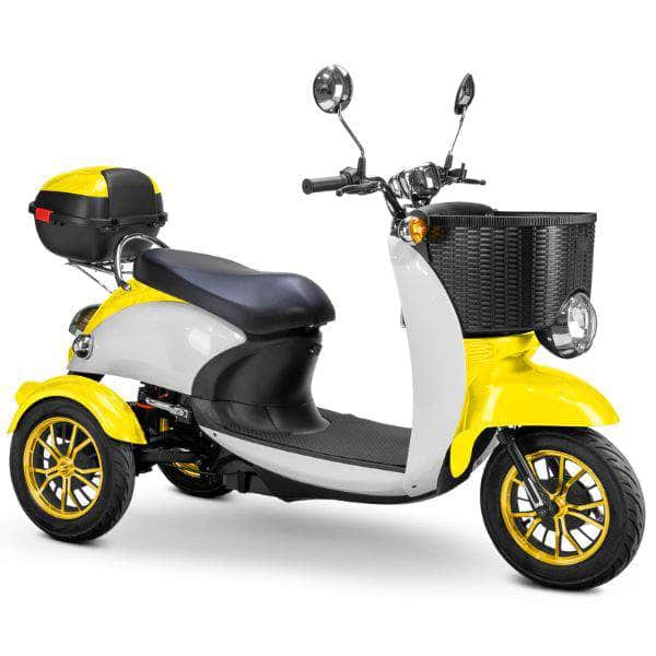 Bespoke Supreme 3-Wheel Mobility Scooter in Yellow & White Color with Black Seat and Gold Wheel Rims
