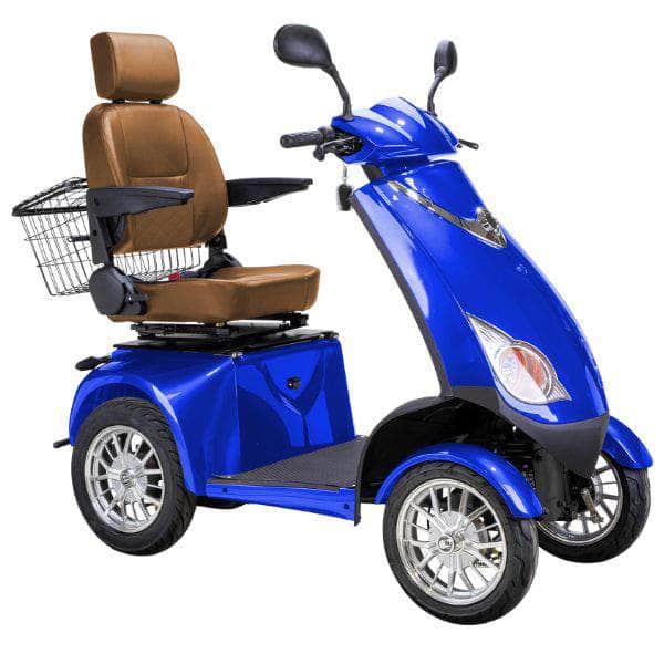 Bespoke Platinum Bariatric 4-Wheel Mobility Scooter in Blue Color with Brown Seat and Chrome Wheel Rims