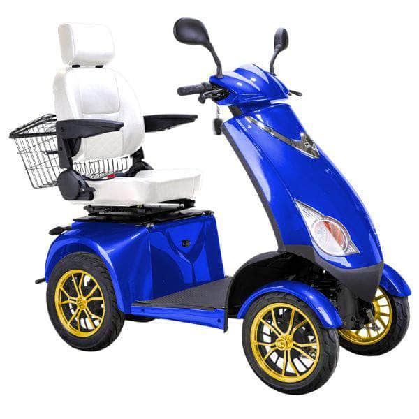 Bespoke Platinum Bariatric 4-Wheel Mobility Scooter in Blue Color with White Seat and Gold w/ Black Wheel Rims