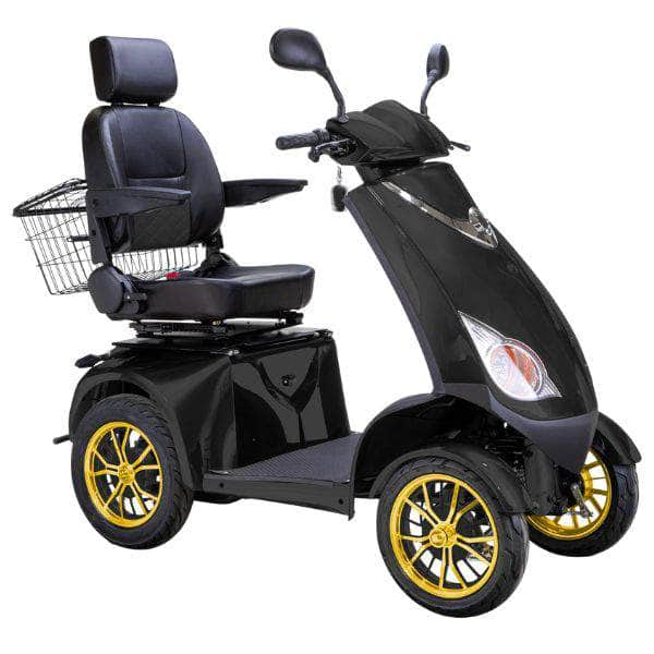 Bespoke Platinum Bariatric 4-Wheel Mobility Scooter in Matte Black Color with Black Seat and Gold w/ Black Wheel Rims