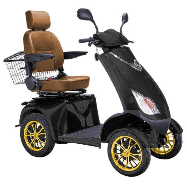 Bespoke Platinum Bariatric 4-Wheel Mobility Scooter in Matte Black Color with Brown Seat and Gold w/  Black Wheel Rims
