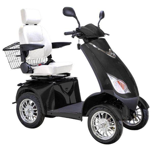 Bespoke Platinum Bariatric 4-Wheel Mobility Scooter in Matte Black Color with White Seat and Chrome Wheel Rims