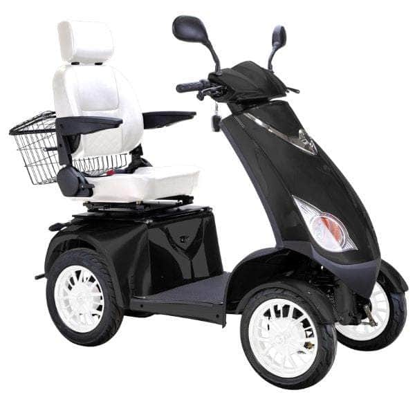 Bespoke Platinum Bariatric 4-Wheel Mobility Scooter in Matte Black Color with White Seat and White Wheel Rims