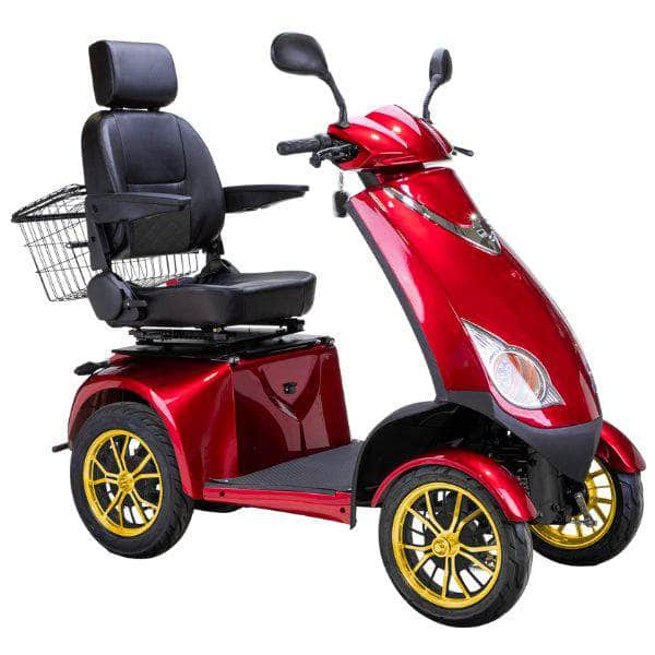 Bespoke Platinum Bariatric 4-Wheel Mobility Scooter in Red Color with Black Seat and Gold w/ Black Wheel Rims