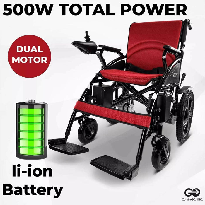 ComfyGo 6011 Folding Electric Wheelchair Color Red Front View - 500 Total Power Dual Motor Li-ion Battery