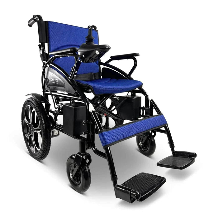 6011 folding electric wheelchair color blue front right side view