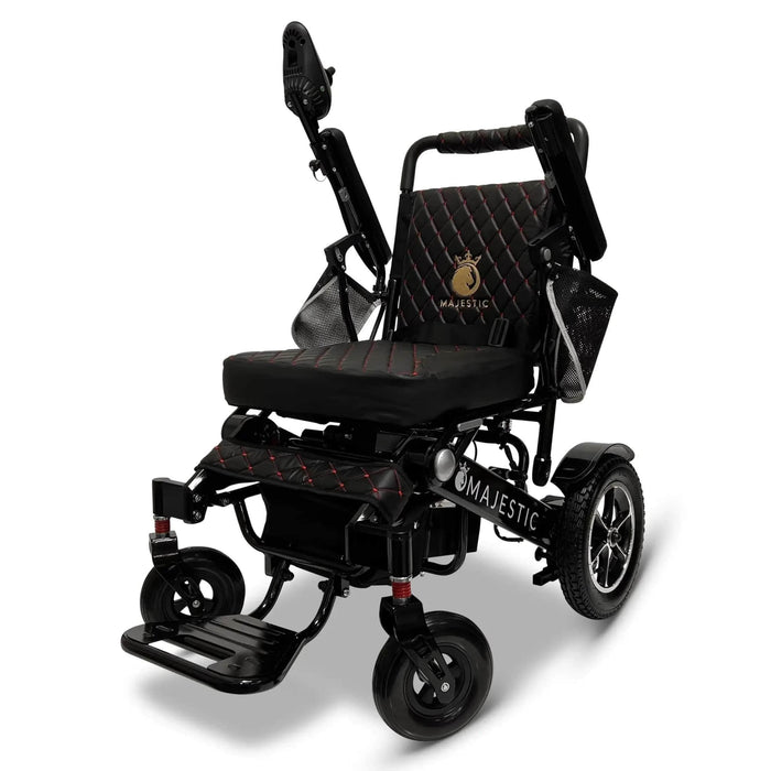 Comfygo Majestic IQ-7000 Remote Controlled Electric Wheelchair - Color Black Backrest and frame - Front Side View and Adjustable Armrest