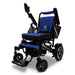 Comfygo Majestic IQ-7000 Remote Controlled Electric Wheelchair - Color Blue Backrest and Black Frame Front Side View and Adjustable Armrest