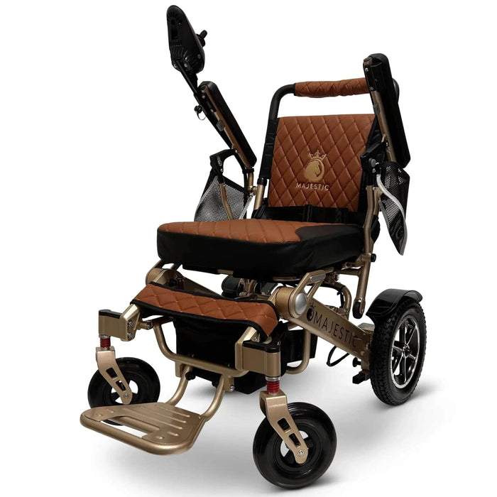 Comfygo Majestic IQ-7000 Remote Controlled Electric Wheelchair - Color Taba Backrest and Bronze Frame Front Side View and Adjustable Armrest