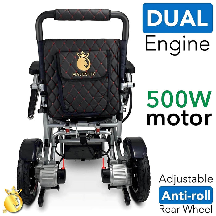 Majestic IQ 7000 - Front Side View - Color Black Backrest and Frame Silver- Dual Engine 500W Motor - Adjustable Anti-roll Rear Wheel