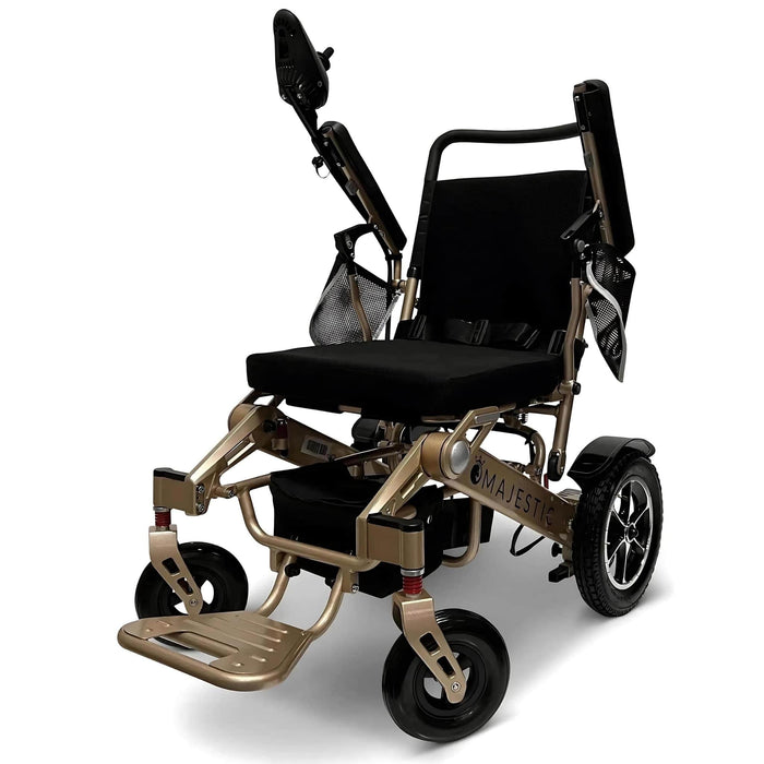 Comfygo MajesticIQ-7000 Remote Controlled Electric Wheelchair Color Black Backrest and Bronze Frame Front Side View and Adjustable Armrest