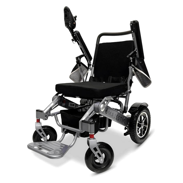 Comfygo IQ-7000 Remote Controlled Electric Wheelchair - Color Black Backrest and Silver Frame Front Side View and Adjustable Armrest