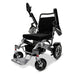 Comfygo IQ-7000 Remote Controlled Electric Wheelchair - Color Black Backrest and Silver Frame Front Side View and Adjustable Armrest