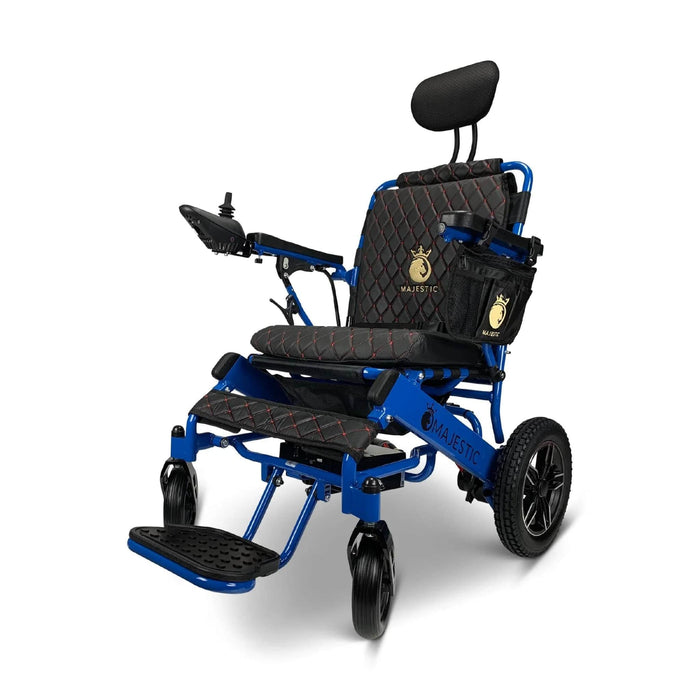 Majestic IQ-8000 Electric Wheelchairs Color Black Backrest and Blue Frame - Front Side View