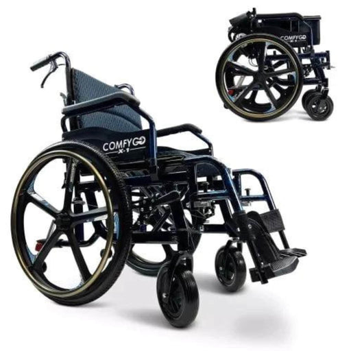 X-1 ComfyGO Manual Lightweight Wheelchair Color Blue Front Side View and Side View Folded