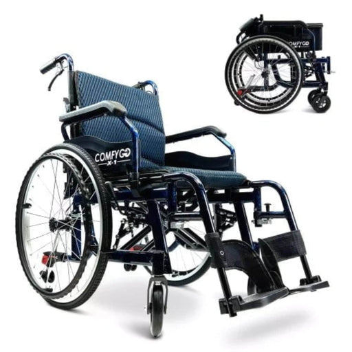 X-1 ComfyGO Manual Wheelchair Color Blue and Blue Frame Front Side View and Folded View