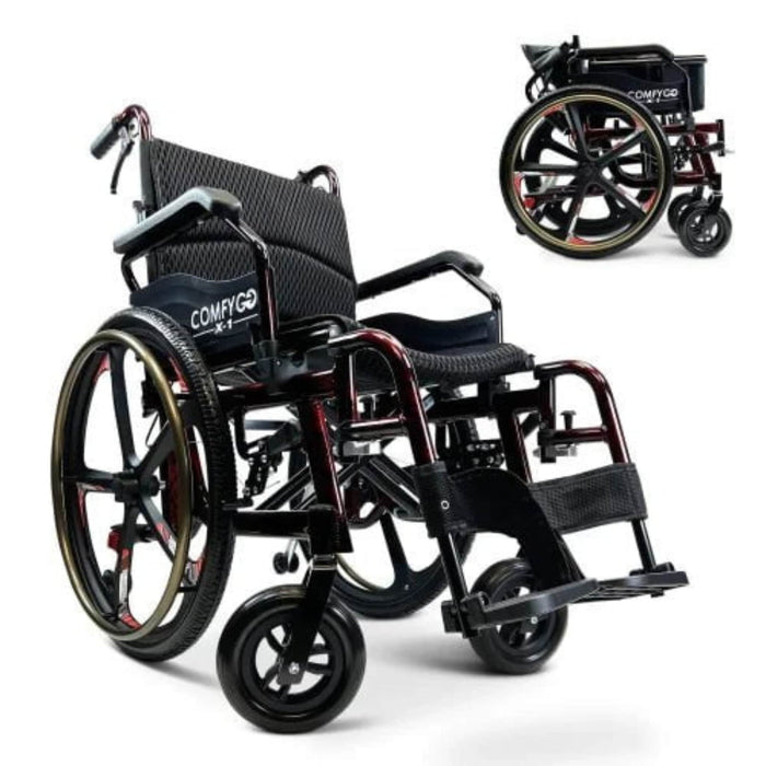 X-1 ComfyGO Manual Wheelchair Color Black and Red Frame Front Right Side View and Folded View