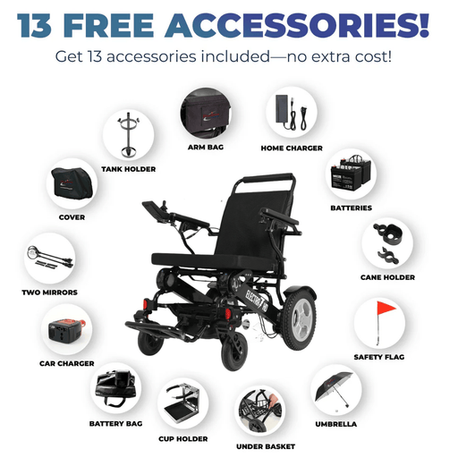 Electra 7 wheelchair with 13 free accessories listed on a white background