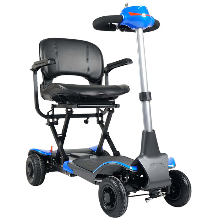 optimus automatic folding 4 wheel mobility scooter blue front side