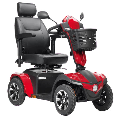 Drive Medical Panther 4-Wheel Heavy Duty Scooter Color Red Front Right Side View with Basket