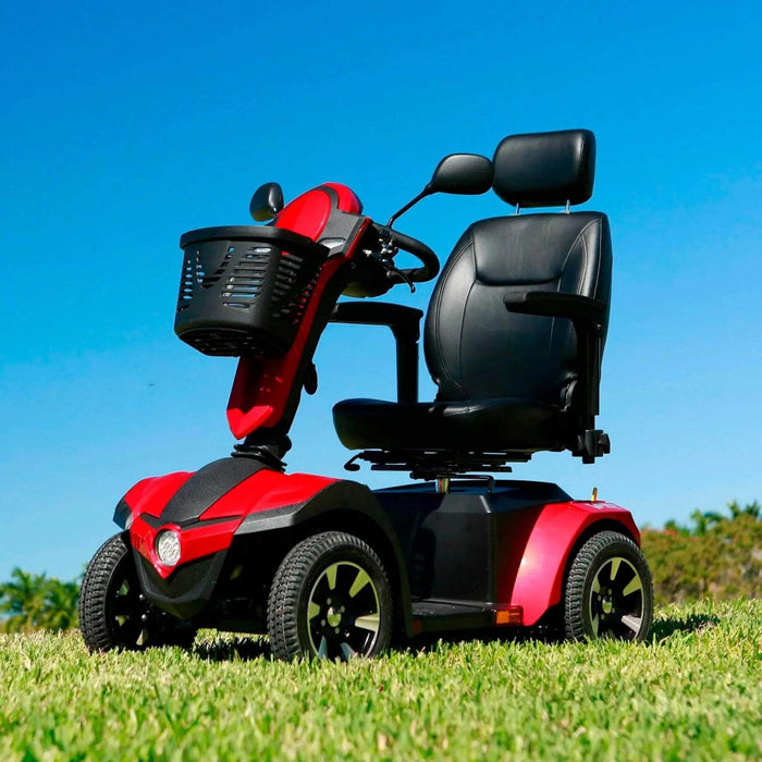 Drive Medical Panther Mobility Scooter Color Red Front Side View with Front Basket