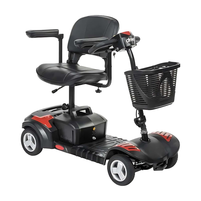 drivescoutmobilityscootercolorredfrontrightsideviewwithbasketandadjustablechair