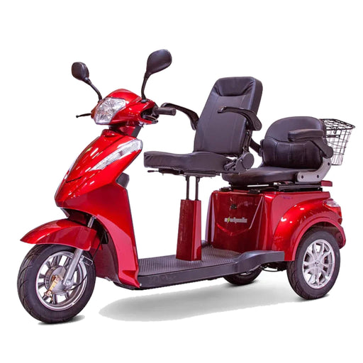 E Wheels EW-66 2 Person Mobility Scooter Color Red Front Left Side View with Back Box