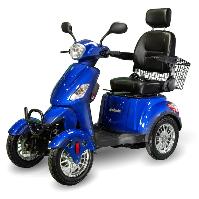 Ewheels EW 46 4 Wheel Mobility Scooter Color Blue Front Left Side View with Back Basket