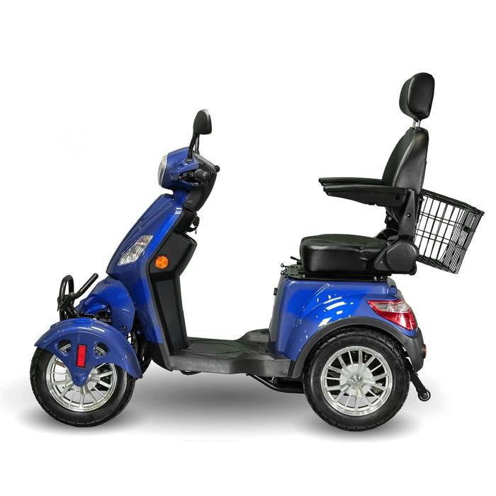 Ewheels EW 46 4 Wheel Mobility Scooter Color Blue Left Side View with Back Basket
