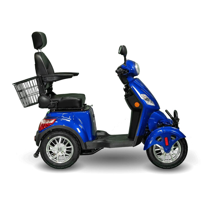Ewheels EW 46 4 Wheel Mobility Scooter Color Blue Right Side View with Back Basket